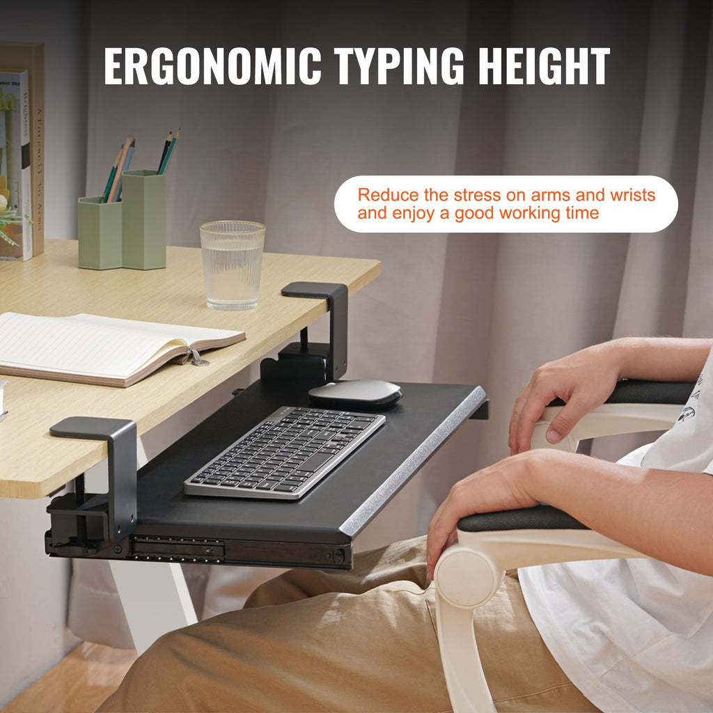 Keyboard Tray Under Desk, Pull Out Keyboard/Mouse Tray Under Desk With Sturdy No-drill C Clamp Mount, Large 26.8 X 11 Inch Slide-out Computer Drawer For Typing In Home, Office Work