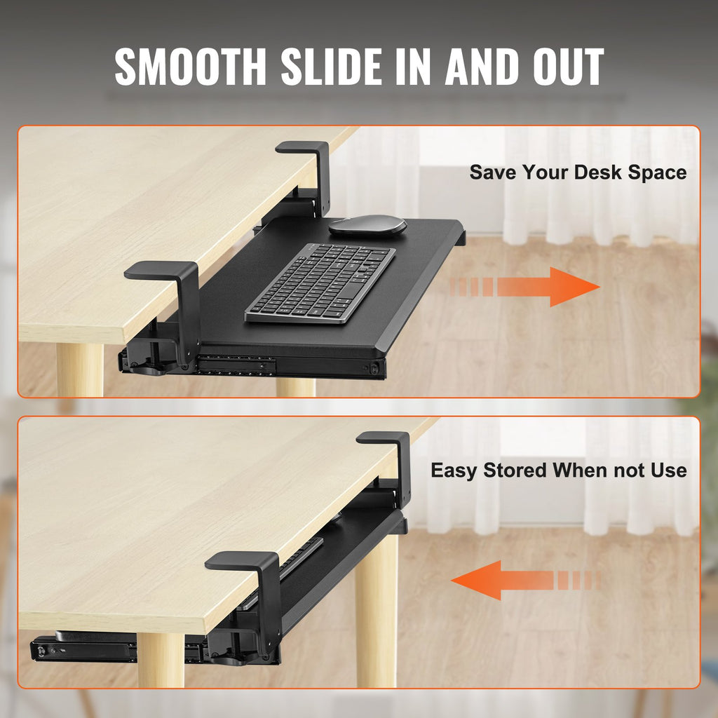 Keyboard Tray Under Desk, Pull Out Keyboard/Mouse Tray Under Desk With Sturdy No-drill C Clamp Mount, Large 26.8 X 11 Inch Slide-out Computer Drawer For Typing In Home, Office Work