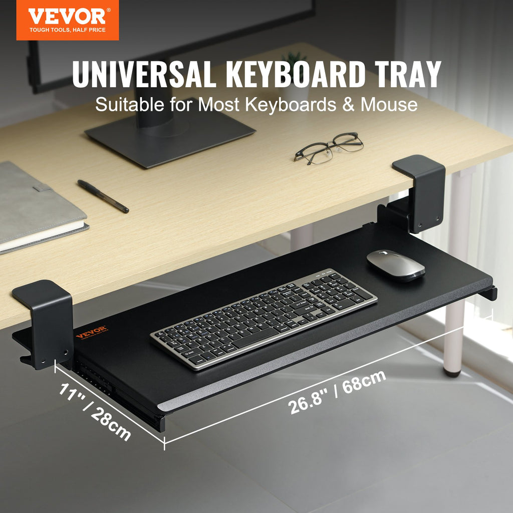 Keyboard Tray Under Desk, Pull Out Keyboard/Mouse Tray Under Desk With Sturdy No-drill C Clamp Mount, Large 26.8 X 11 Inch Slide-out Computer Drawer For Typing In Home, Office Work