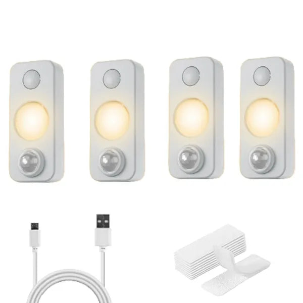 4 PCS Of High-quality Motion-sensing Lights, Wall Lights, Equipped With USB Charging Cables And Accessories, Suitable For Cabinets, Wardrobes, Bookshelves, Bedrooms, Utility Rooms, And Staircases.
