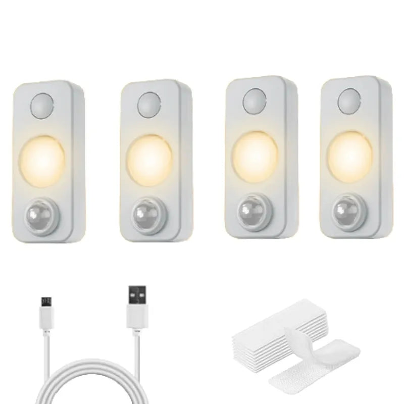 4 PCS Of High-quality Motion-sensing Lights, Wall Lights, Equipped With USB Charging Cables And Accessories, Suitable For Cabinets, Wardrobes, Bookshelves, Bedrooms, Utility Rooms, And Staircases.