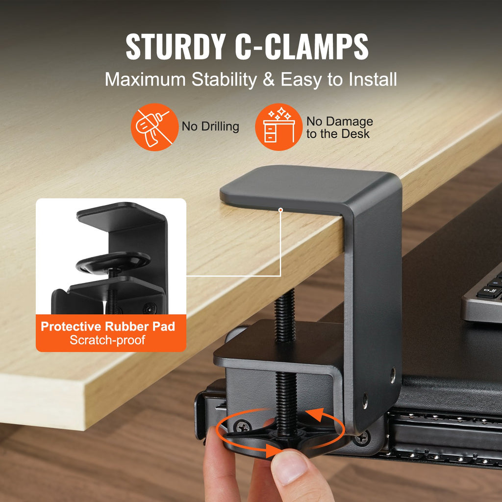Keyboard Tray Under Desk, Pull Out Keyboard/Mouse Tray Under Desk With Sturdy No-drill C Clamp Mount, Large 26.8 X 11 Inch Slide-out Computer Drawer For Typing In Home, Office Work